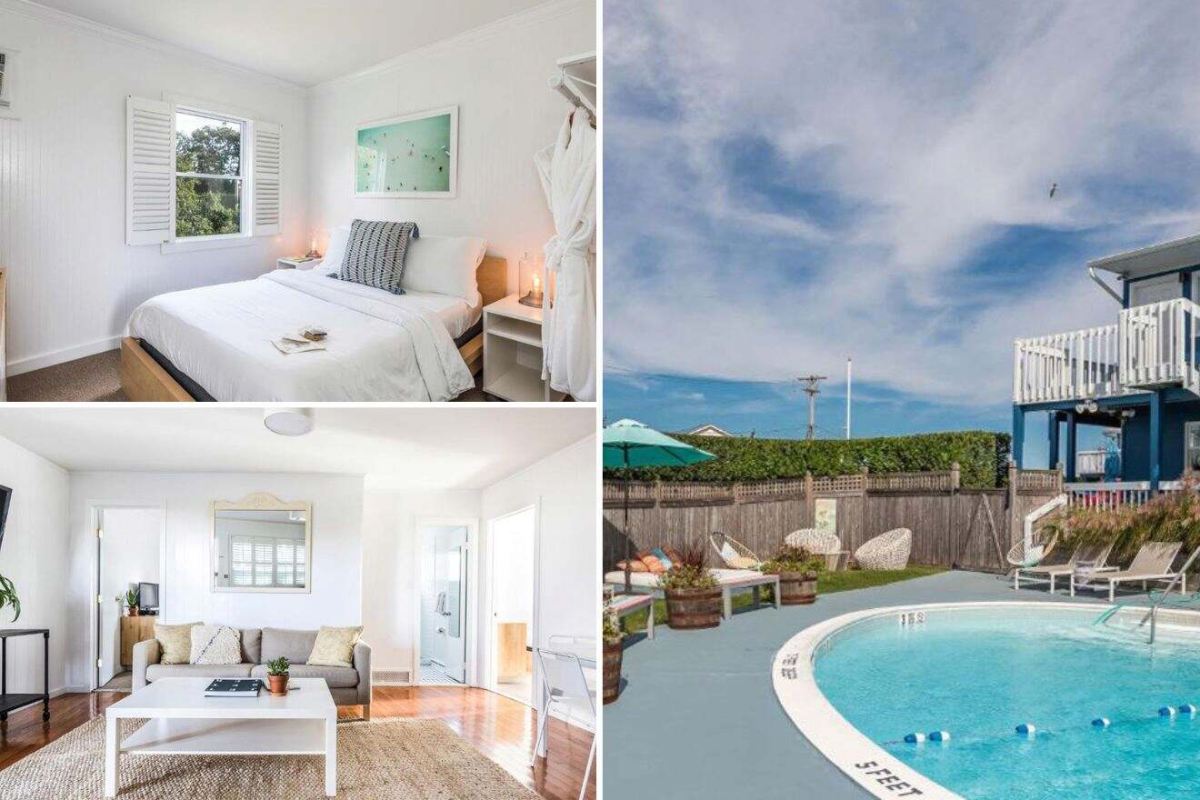 collage of 3 images containing a swimming pool, bedroom, and lounge