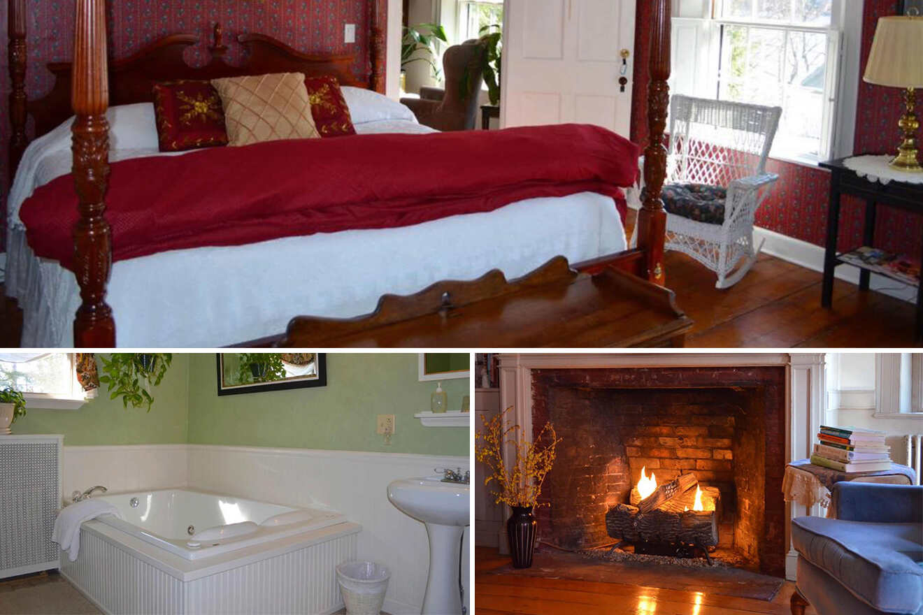 collage of 3 images containing fire place, bedroom, and jacuzzi