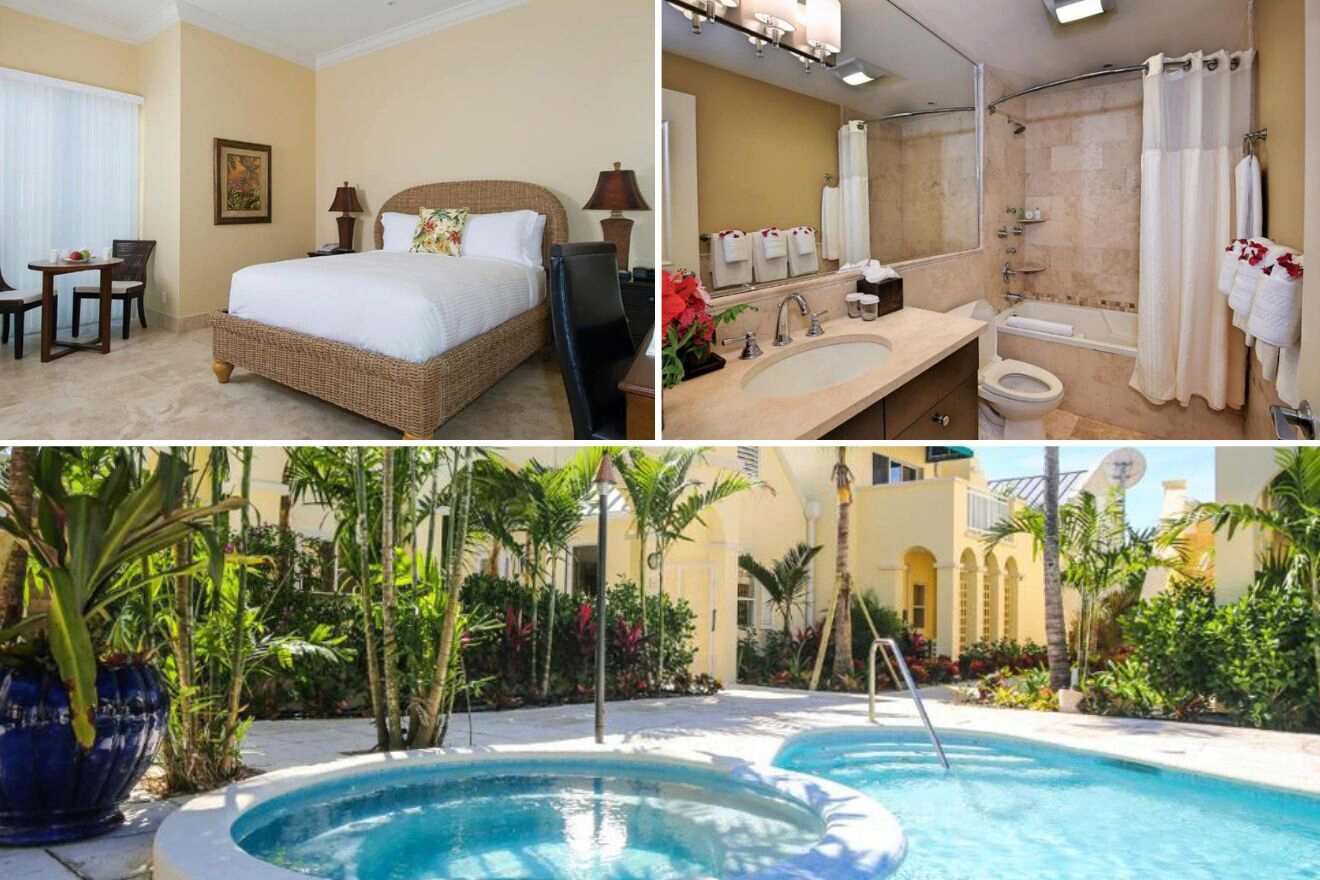 collage of 3 images containing a swimming pool, bedroom, and bathroom