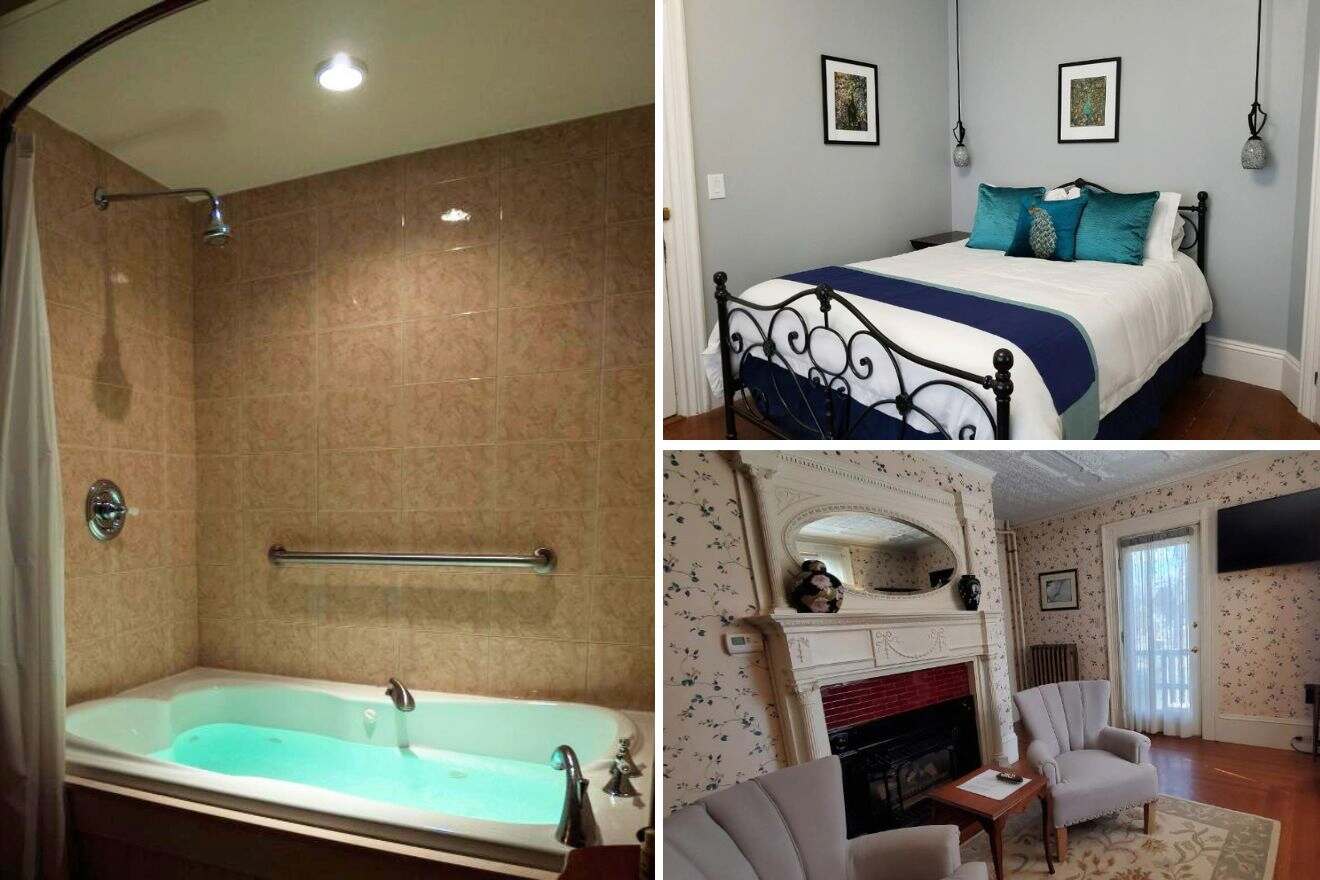 collage of 3 images containing lounge area, bedroom, and jacuzzi