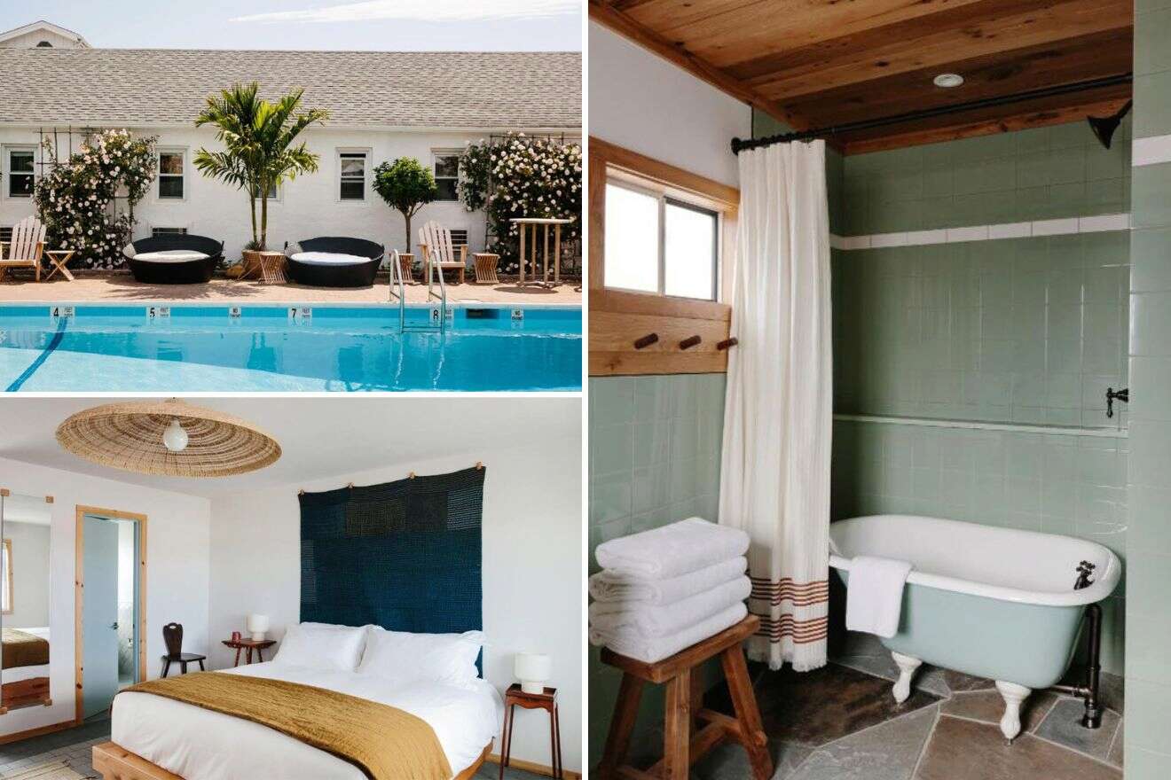 collage of 3 images containing a swimming pool, bedroom, and bathroom