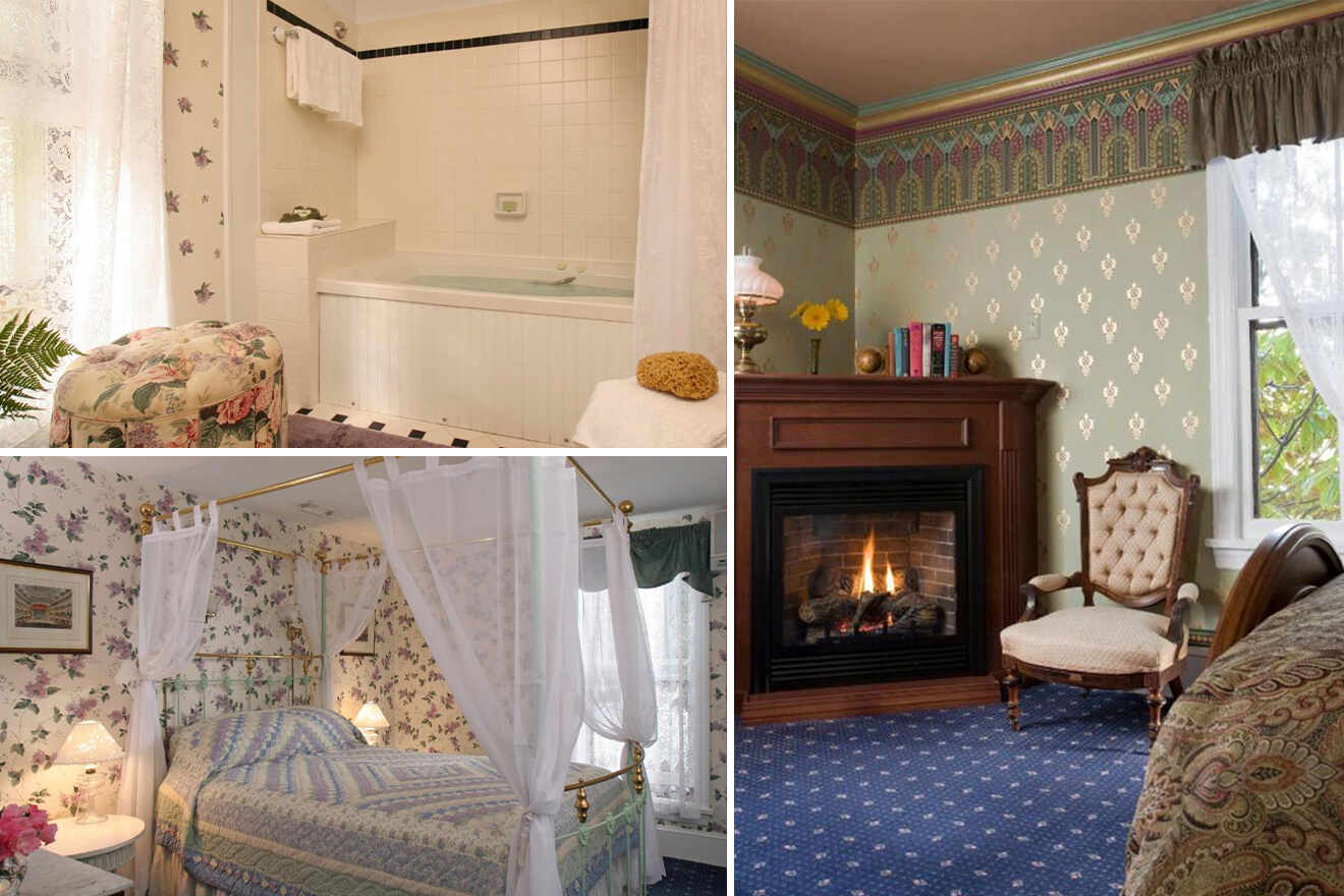 collage of 3 images containing a bedroom, bathroom and sitting area next to fireplace