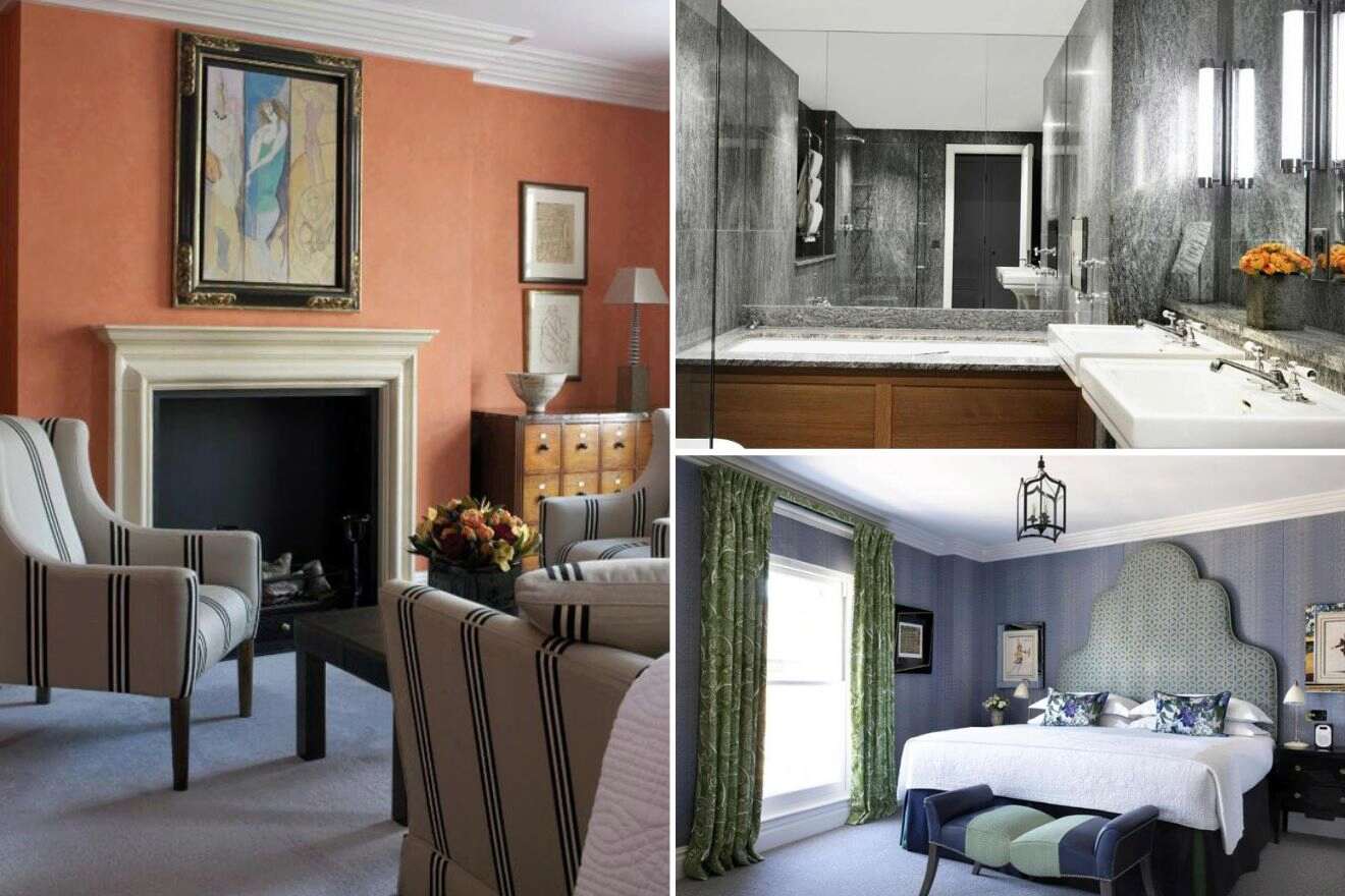 collage of 3 images containing a bedroom, bathroom and lounge