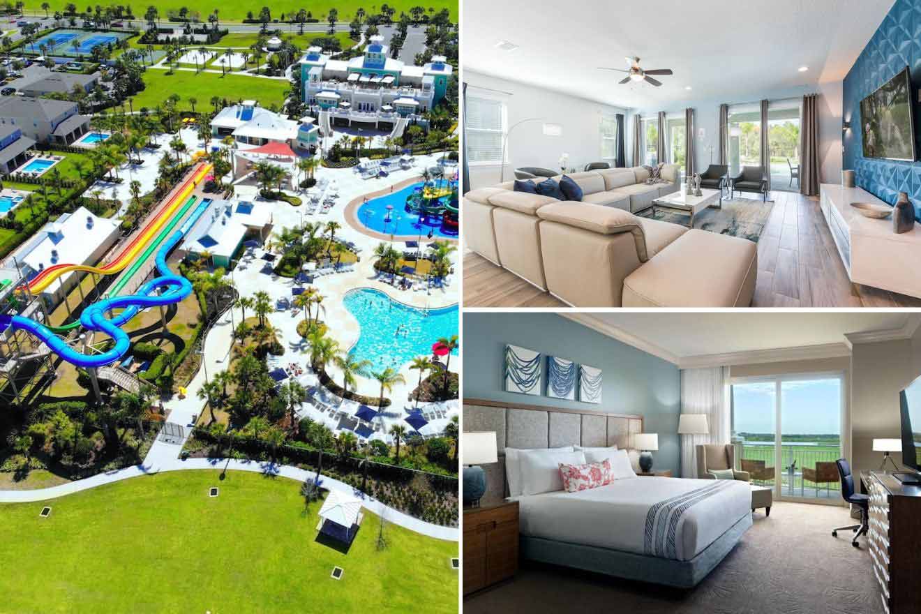 collage of 3 images containing an aerial view over a hotel's waterpark  bedroom, and lounge area