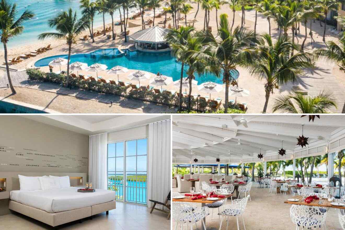 collage of 3 images containing an aerial view over the resort, bedroom, and restaurant