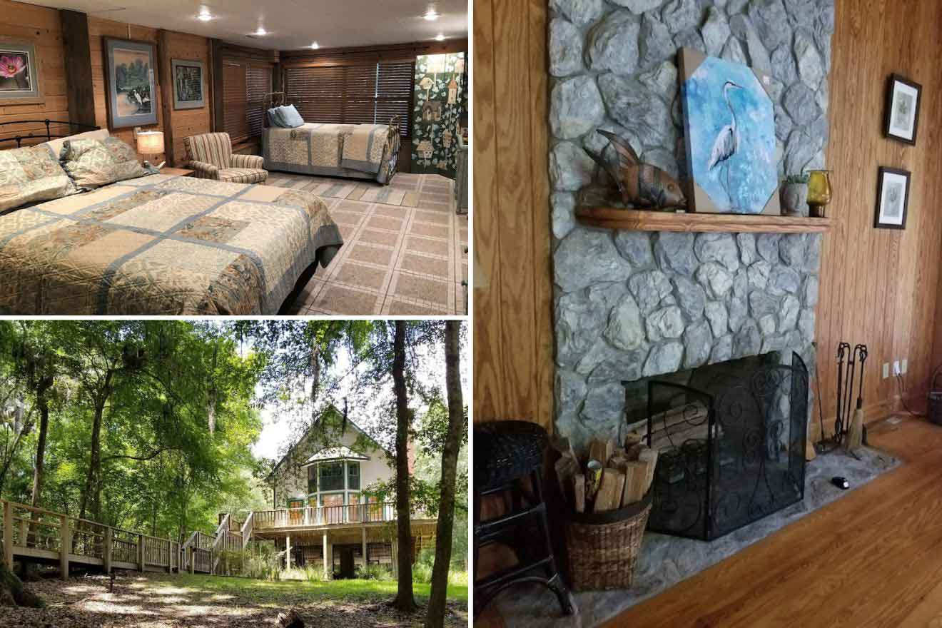 collage of 3 images containing an indoor sitting area next to the fireplace, bedroom, and cabin view from outside