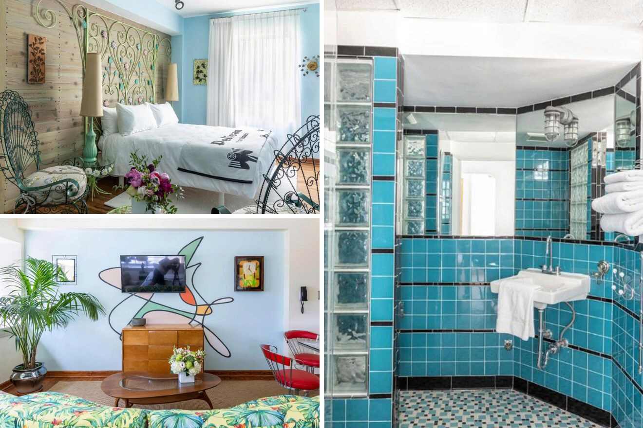 collage of 3 images containing a cool sitting area, bedroom, and bathroom