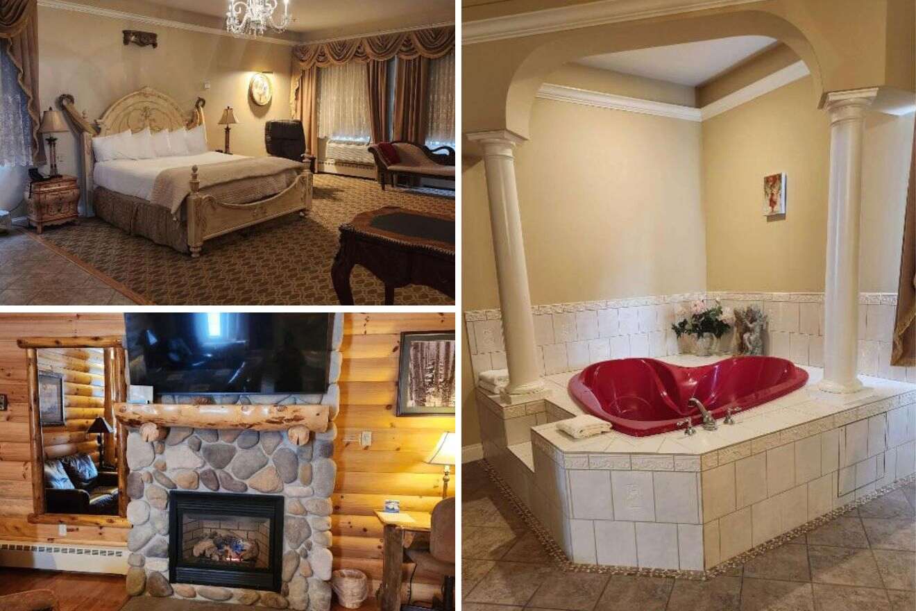 collage of 3 images containing a fireplace, bedroom, and jacuzzi