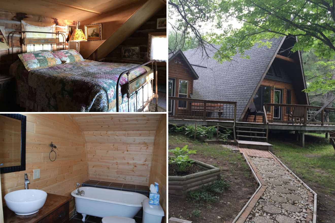 collage of 3 images containing a cabin's building, bedroom, and a bathroom