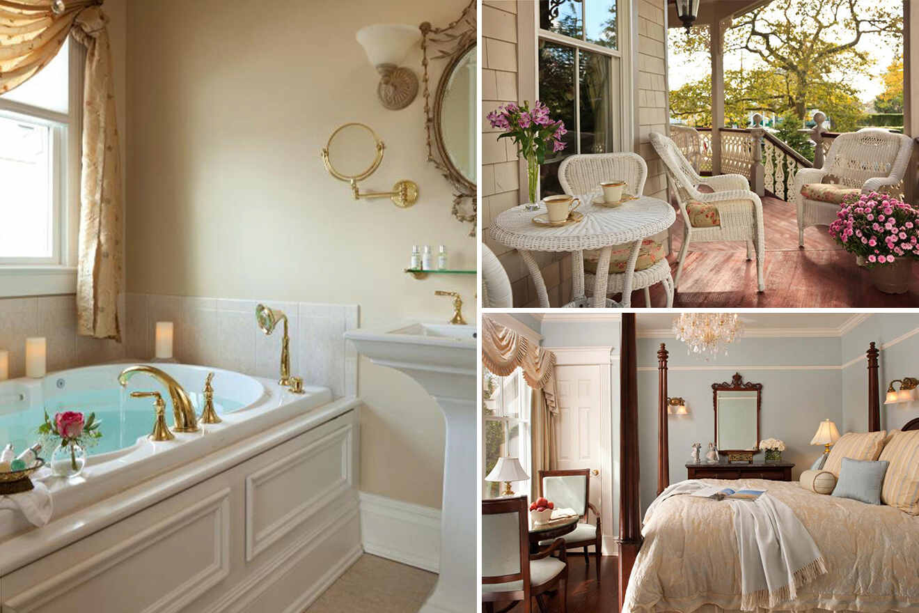 collage of 3 images containing a bedroom, bathroom with bathtub and outside porch
