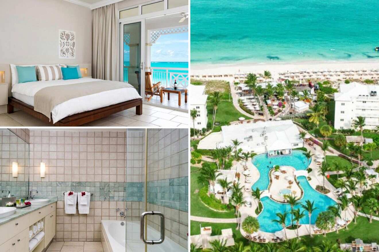 collage of 3 images containing an aerial view over the resort, bedroom, and bathroom