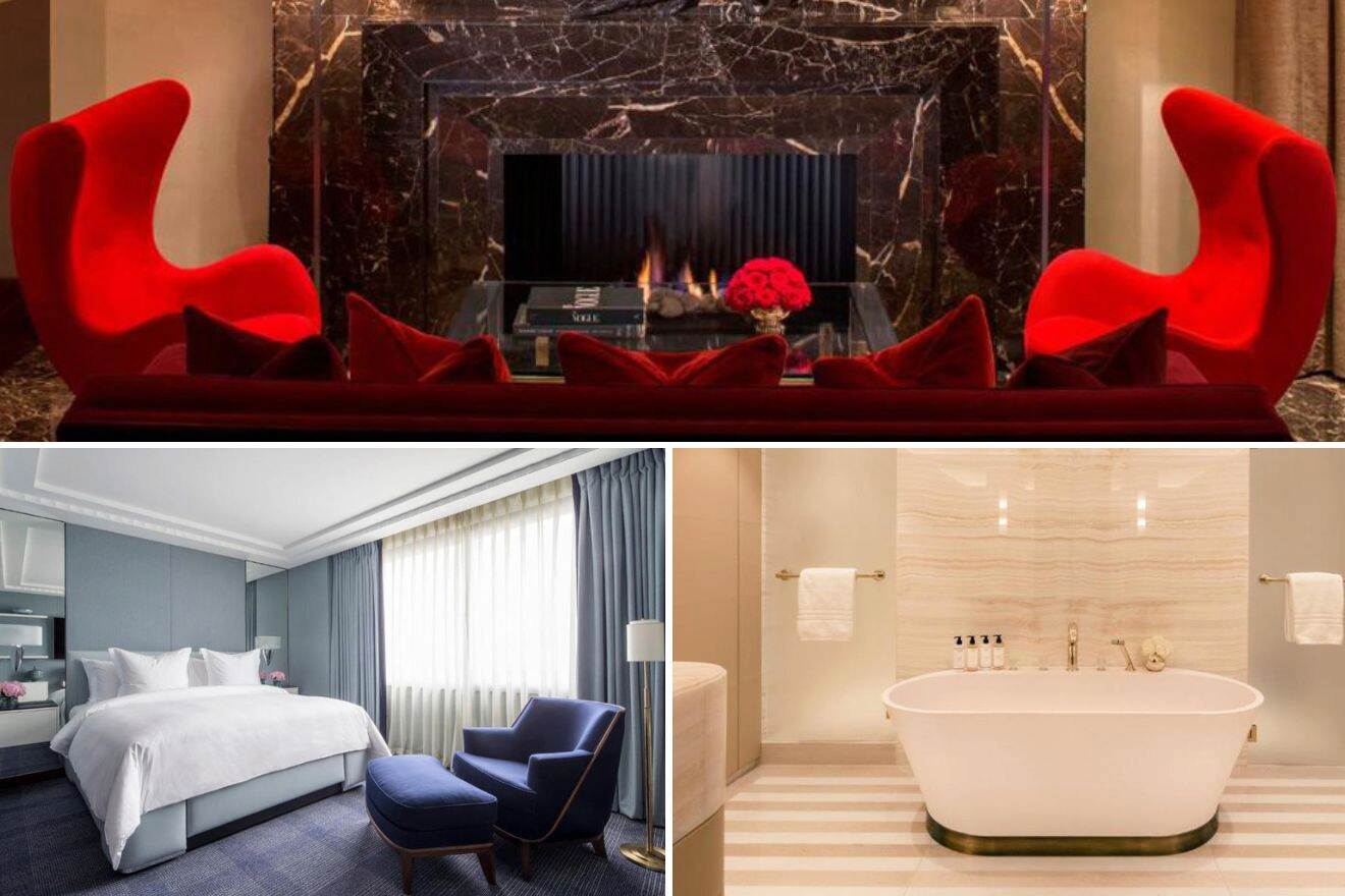 collage of 3 images containing a bedroom, bathroom and lounge