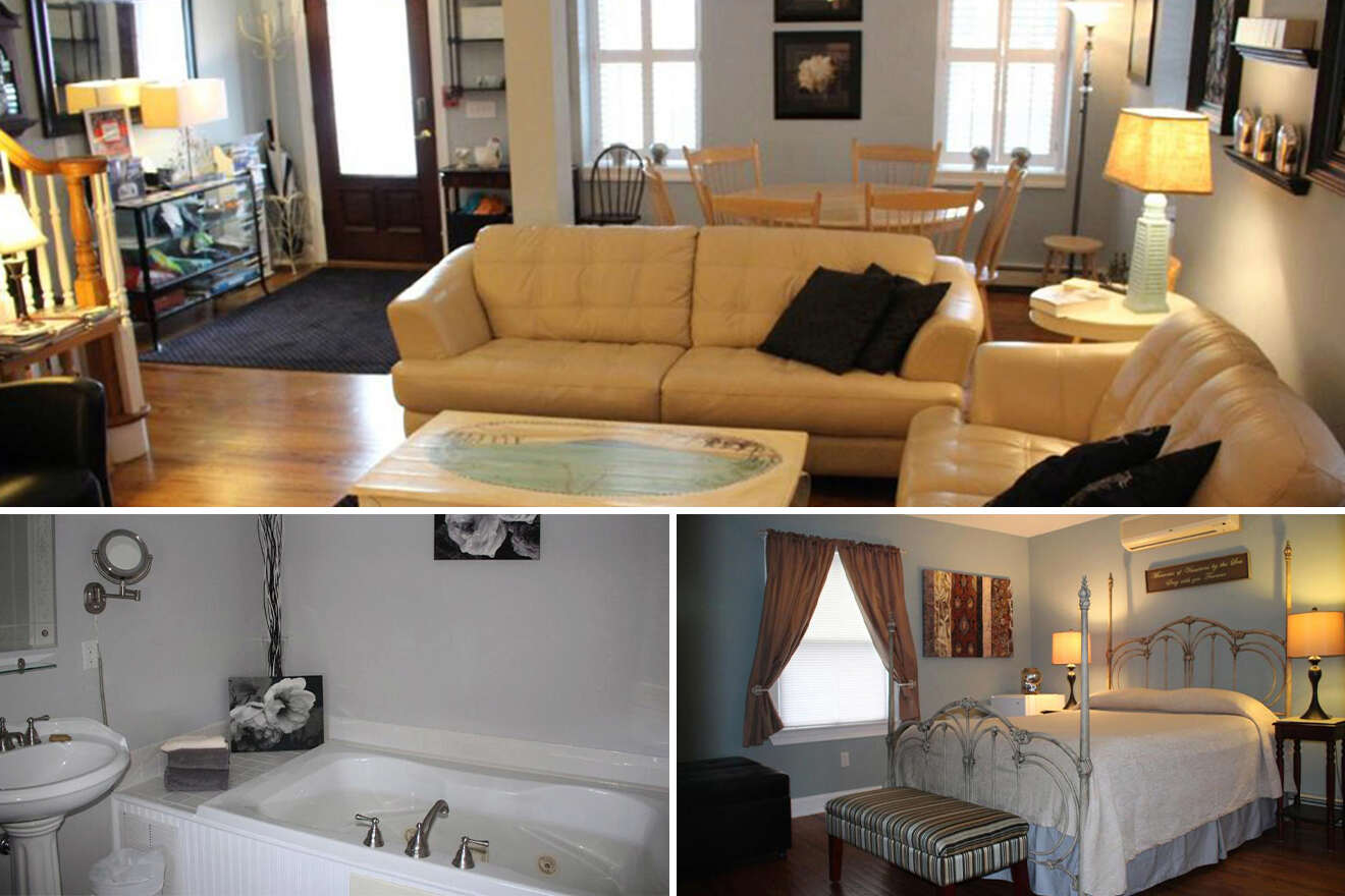 collage of 3 images containing a bedroom, bathroom and lounge
