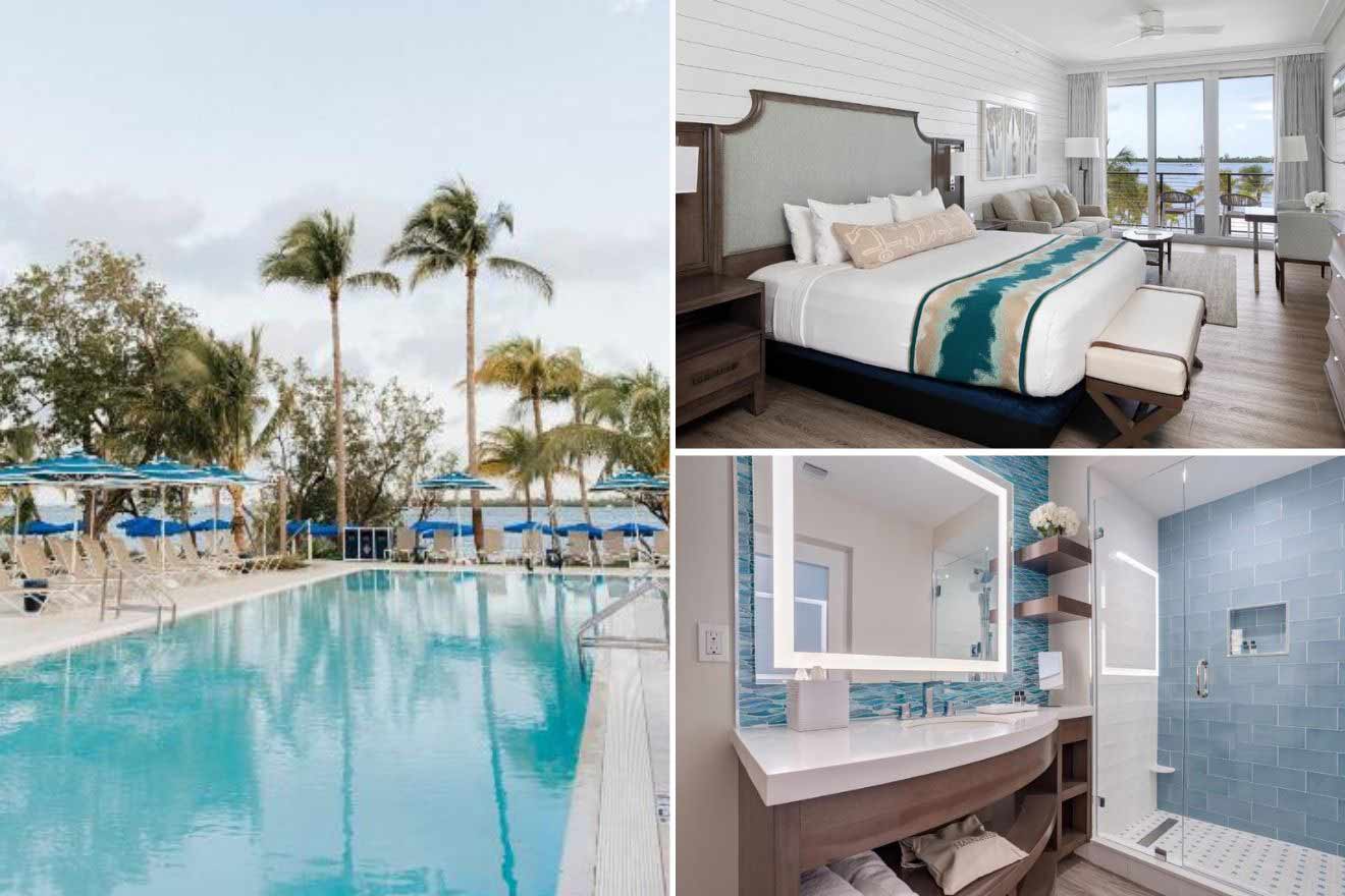 collage of 3 images containing a swimming pool, bedroom, and bathroom