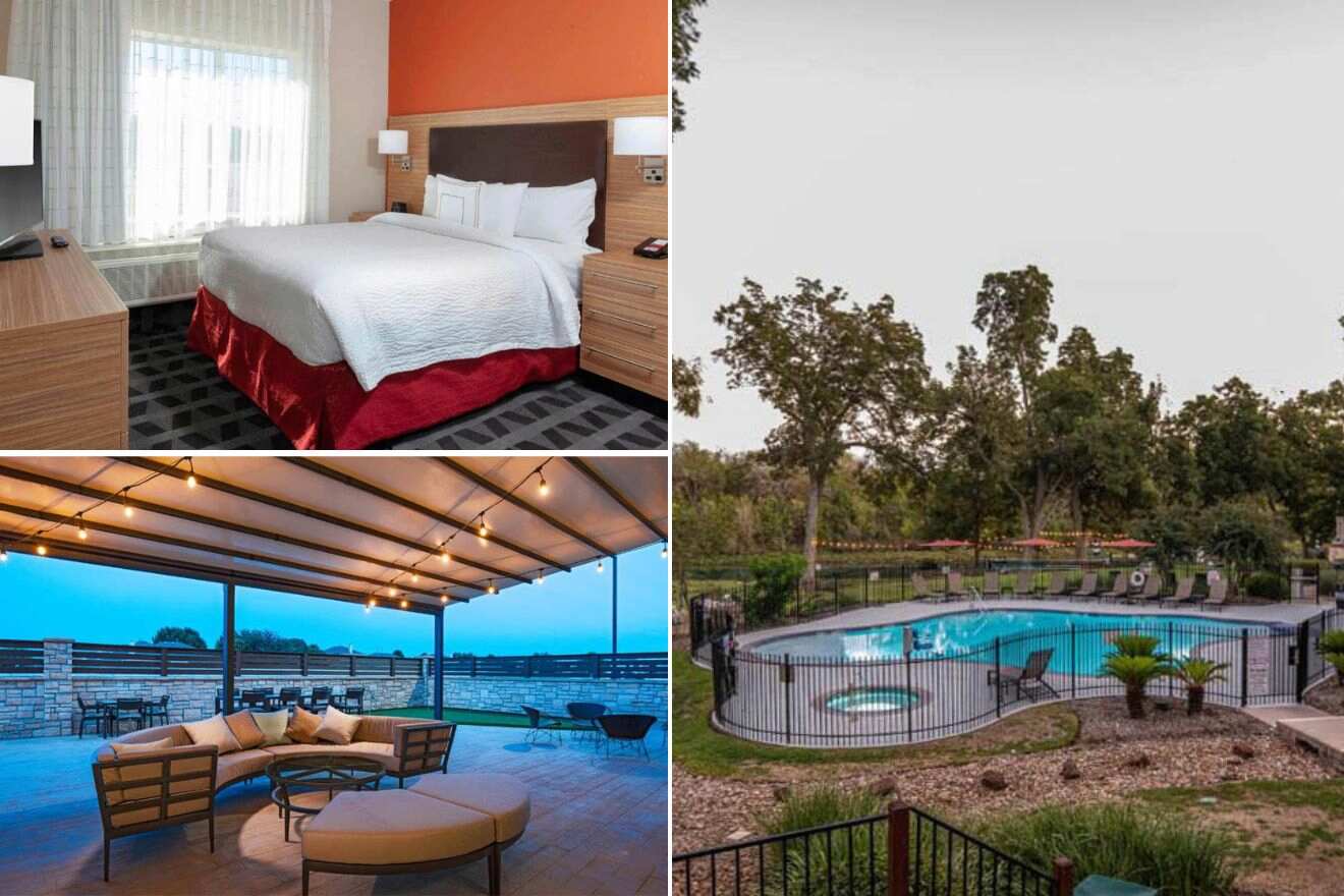 collage of 3 images containing a swimming pool, bedroom, and outdoor sitting area