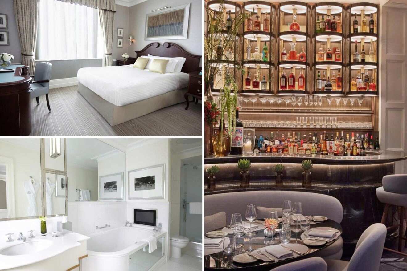 collage of 3 images containing a bedroom, bathroom, and restaurant 