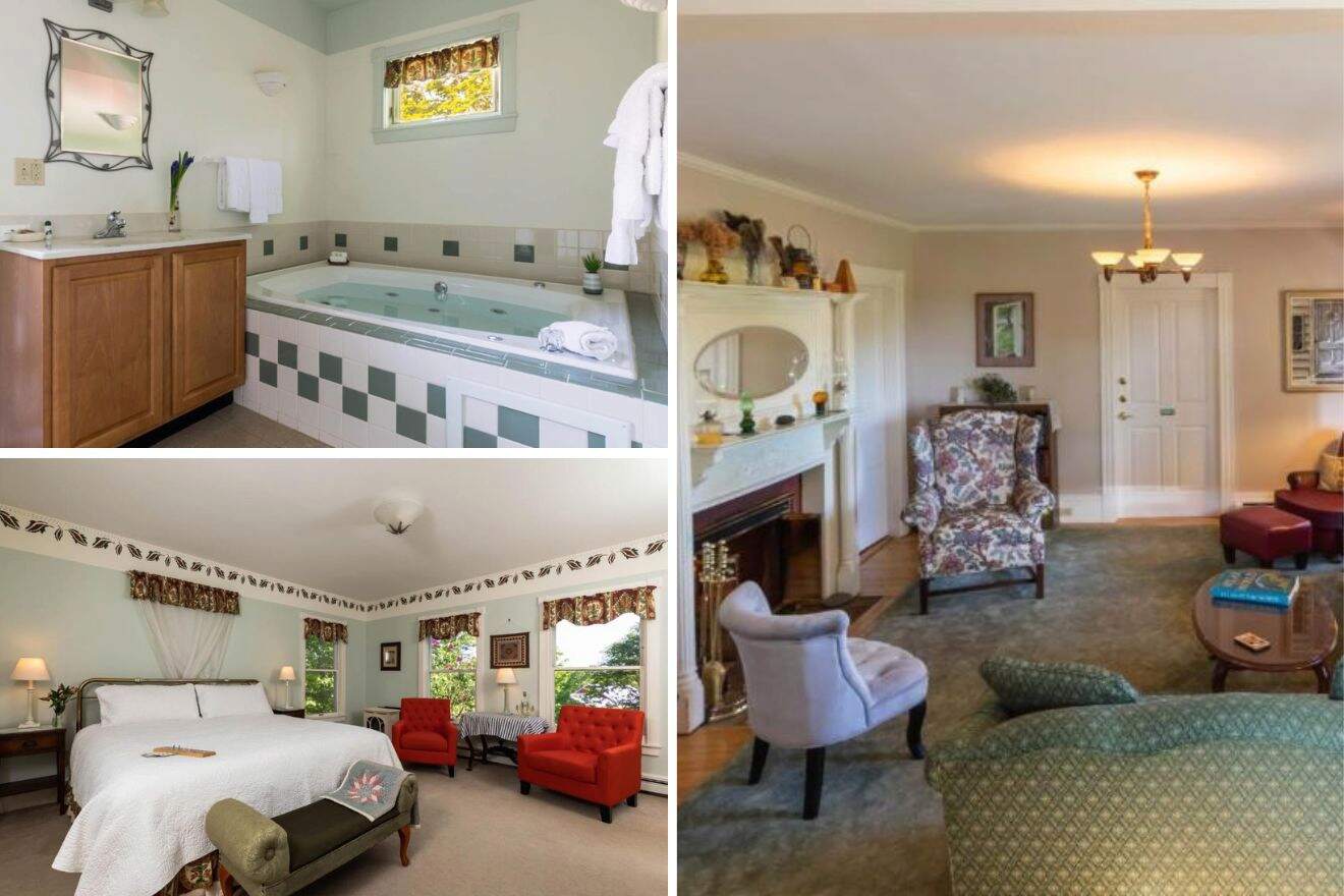 collage of 3 images containing lounge area, bedroom, and jacuzzi