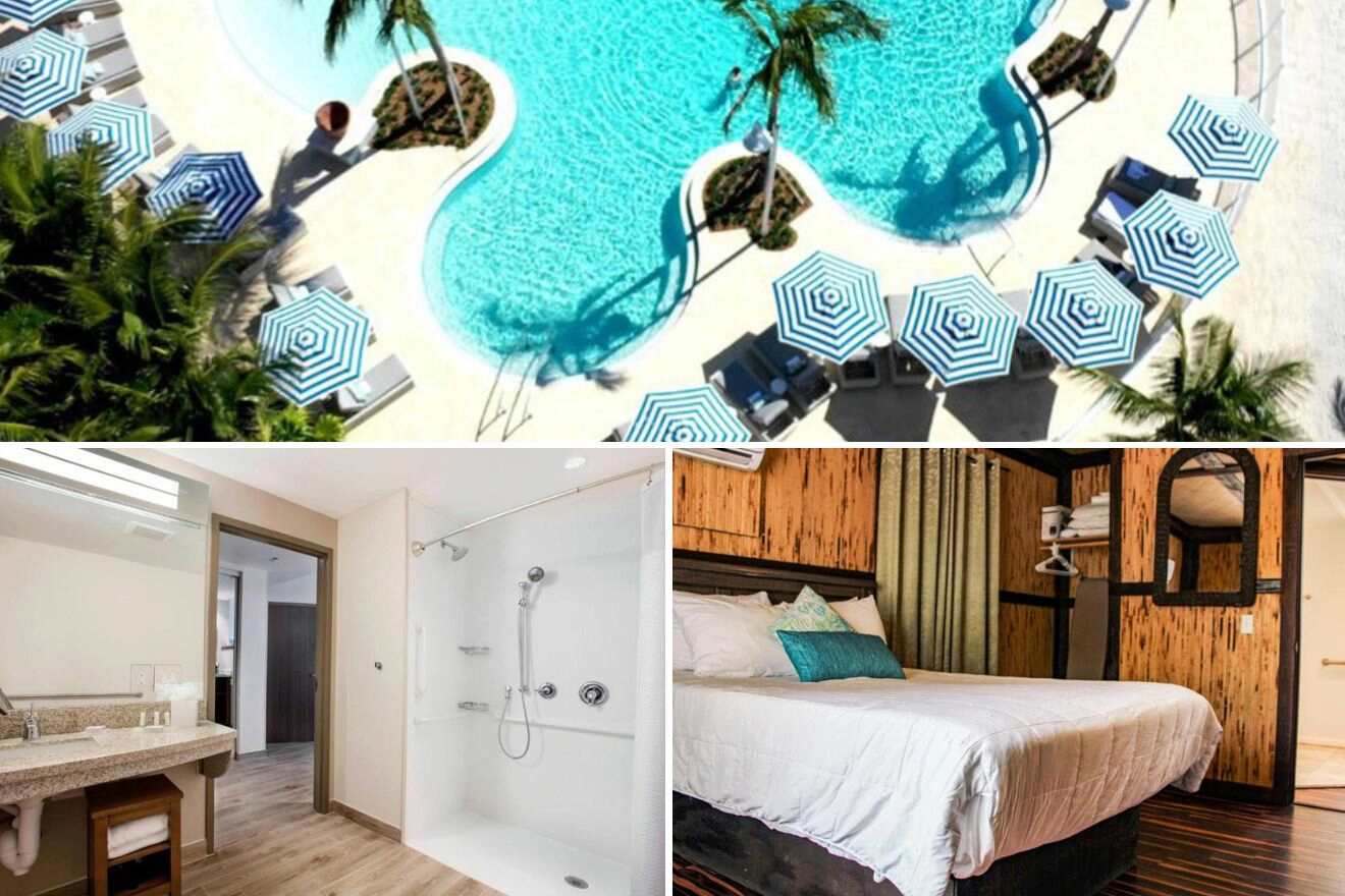 collage of 3 images containing a swimming pool, bedroom, and bathroom