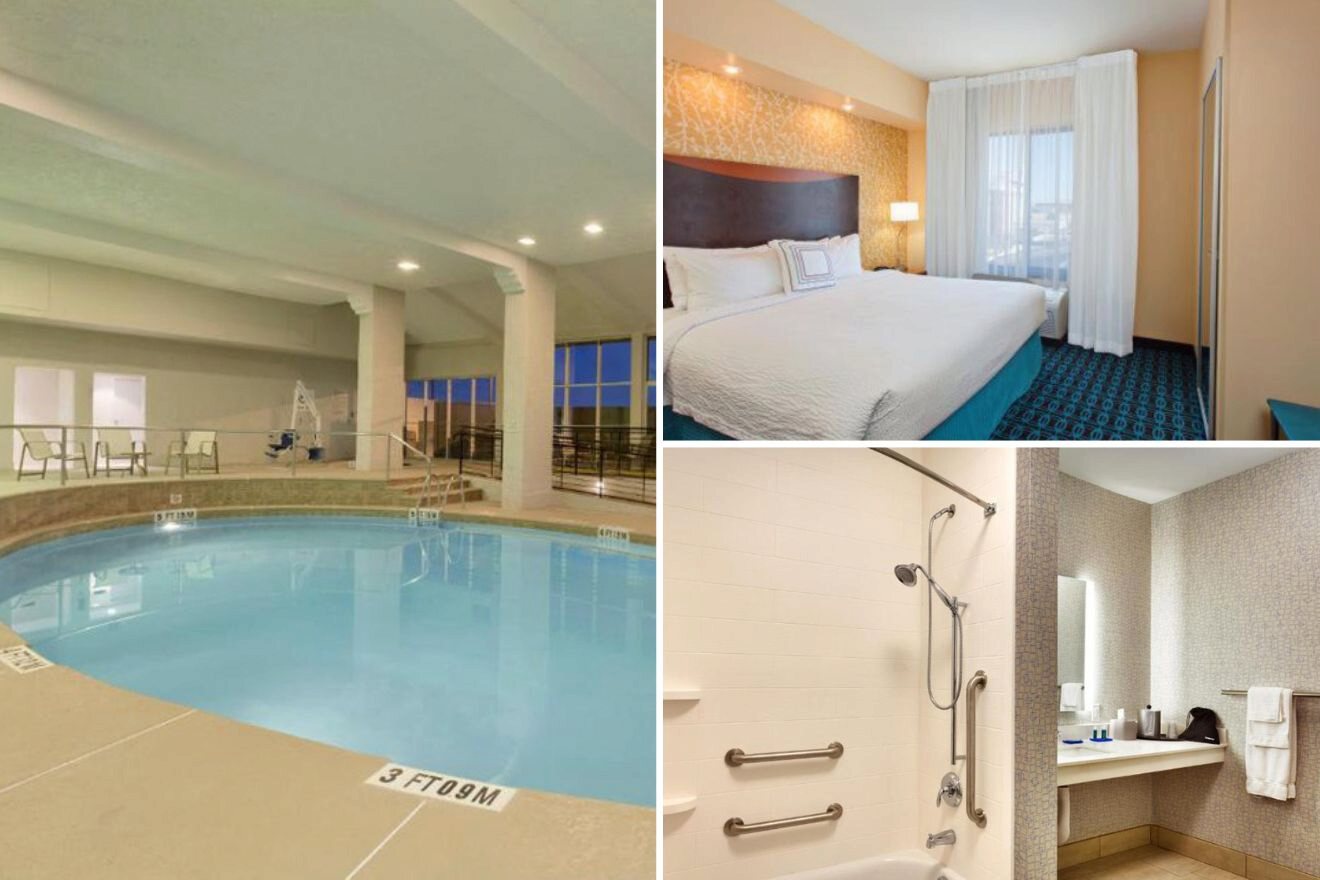 collage of 3 images containing a swimming pool, bedroom, and bathroom 