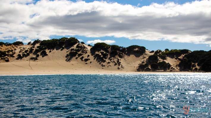 A body of water next to a sand dune