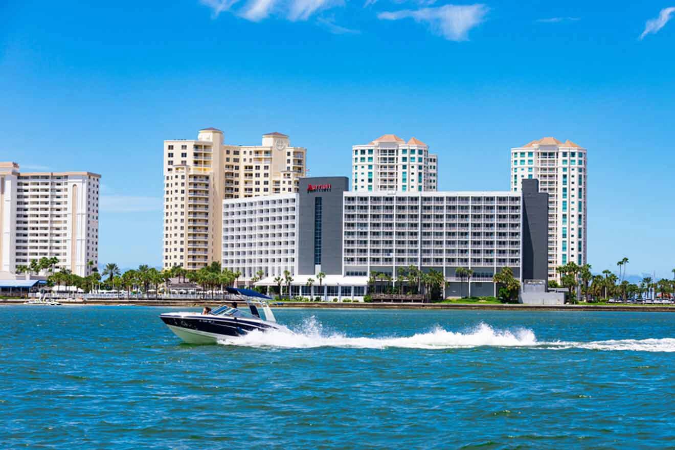 view over the hotels and a speed boat