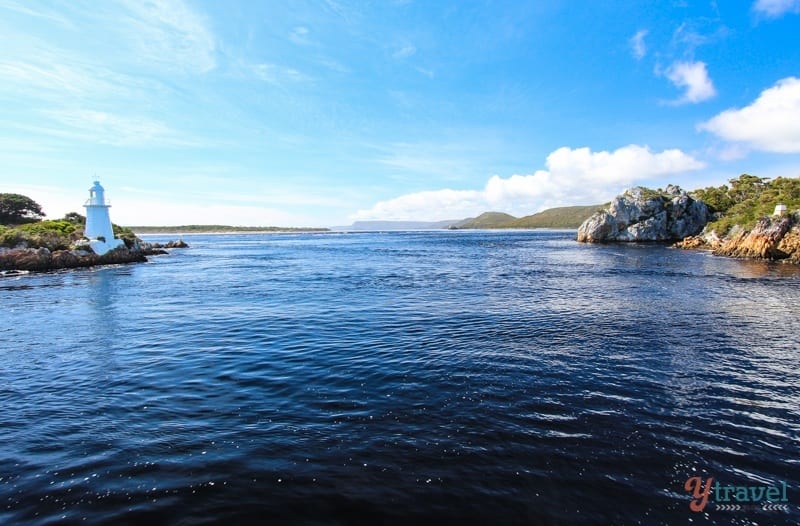 Hells Gates opening in river with small lighthouse