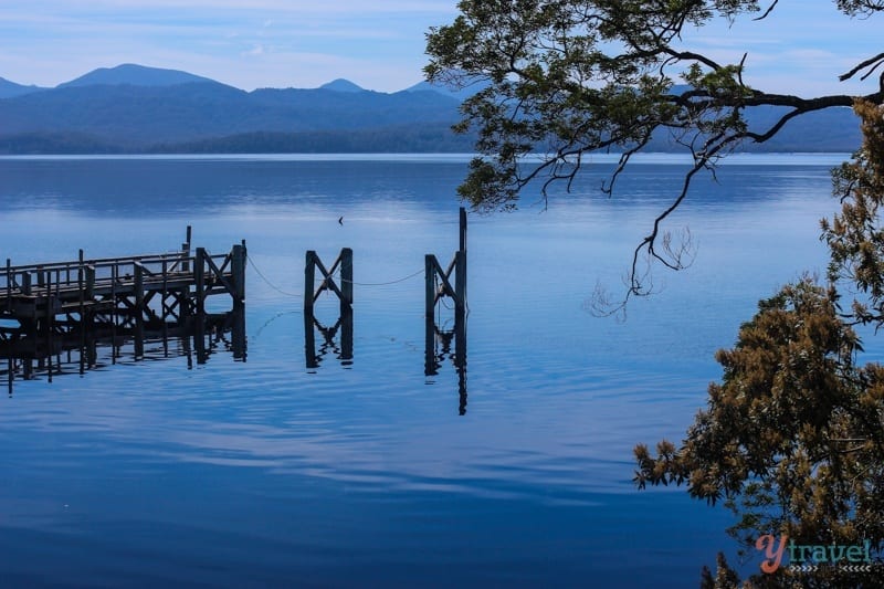 view of river and surrounding mountains from Sarah Island, Tasmania