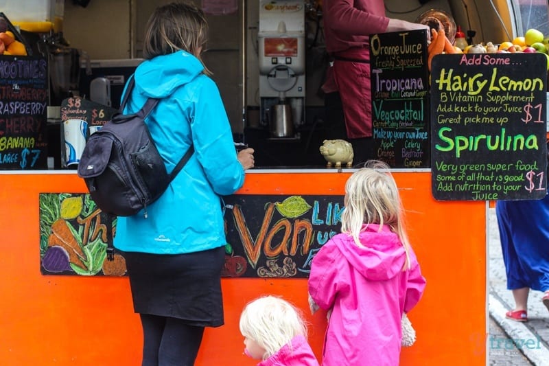 woman and child at food truck