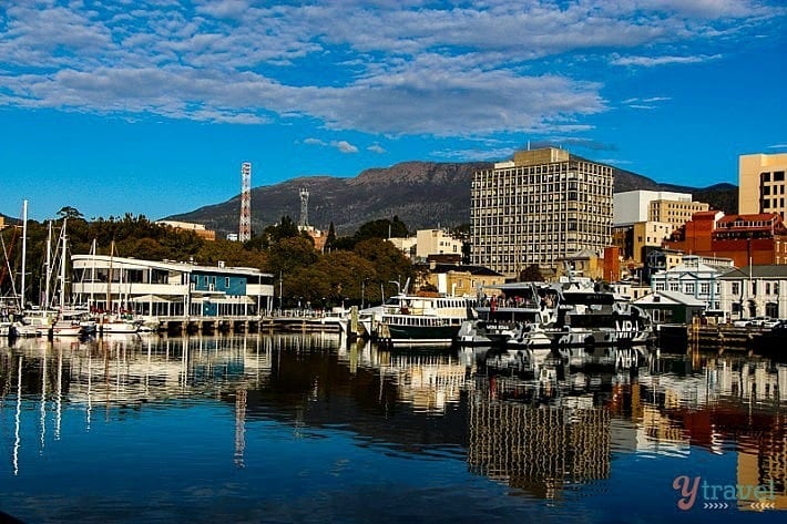 boats on Hobart waterfont with cradel mountain in the background