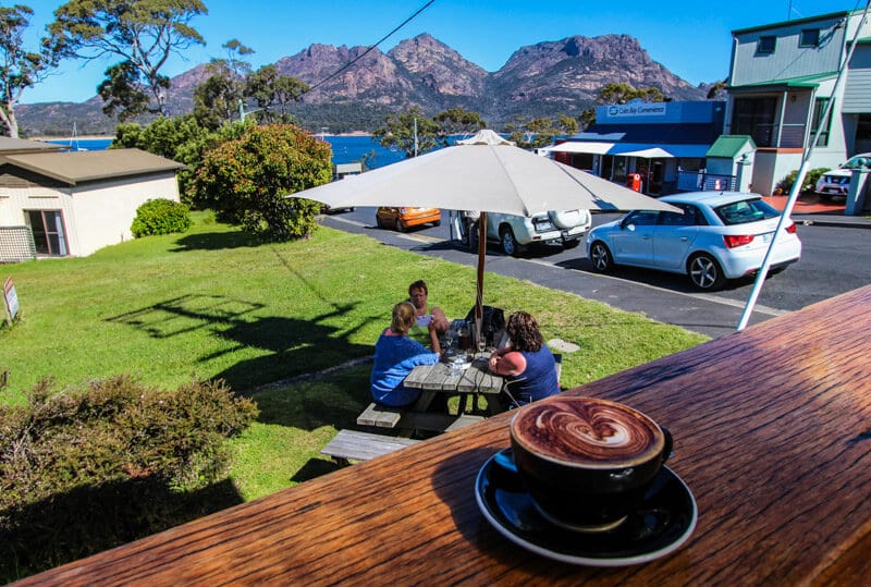 Coffee in Coles Bay  with views of hazard peaks