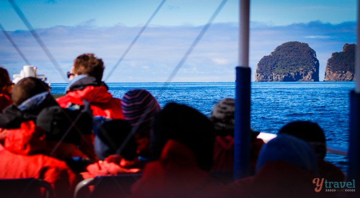 people on boat looking at island scenery