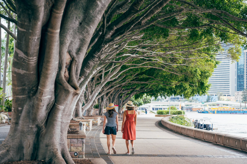 Walking along the riverside walkway