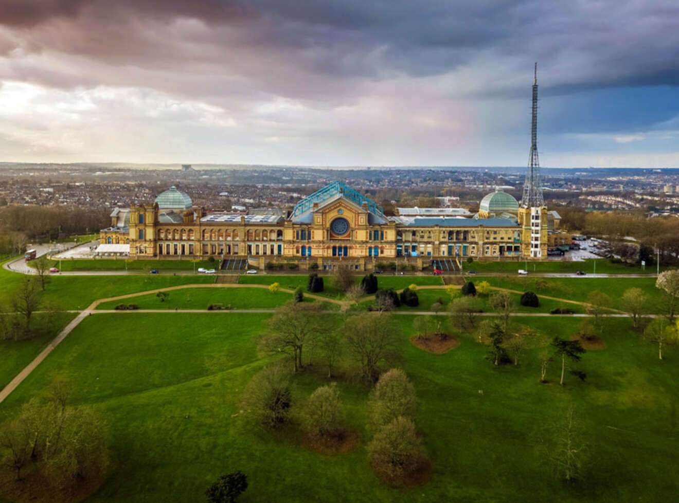 View of the palace and the park in Alexandra Palace Park in London