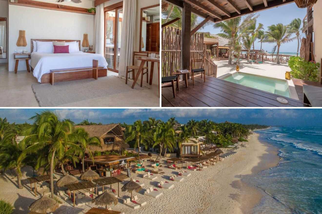 a collage of three photos: bedroom, view of a private pool, and aerial view of the hotel at the beach