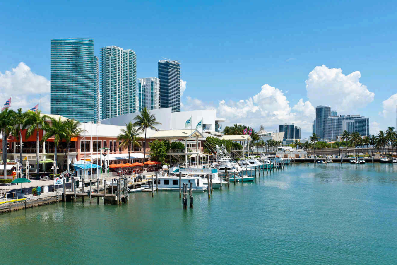 Bayside Marketplace with harbor view and skyscrapers