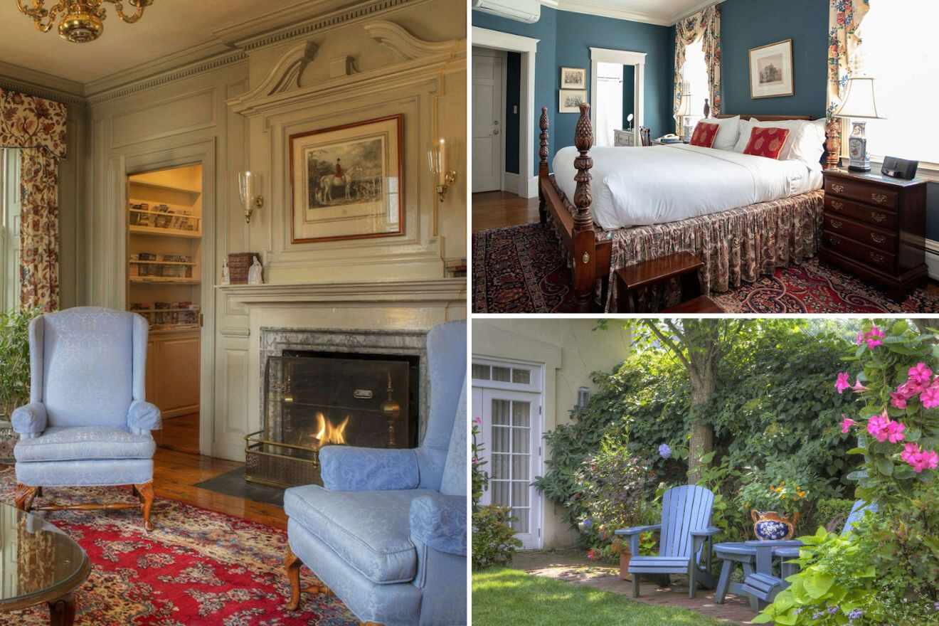 a collage of three photos: sitting area with fireplace, bedroom, and outdoor garden with lounge chairs