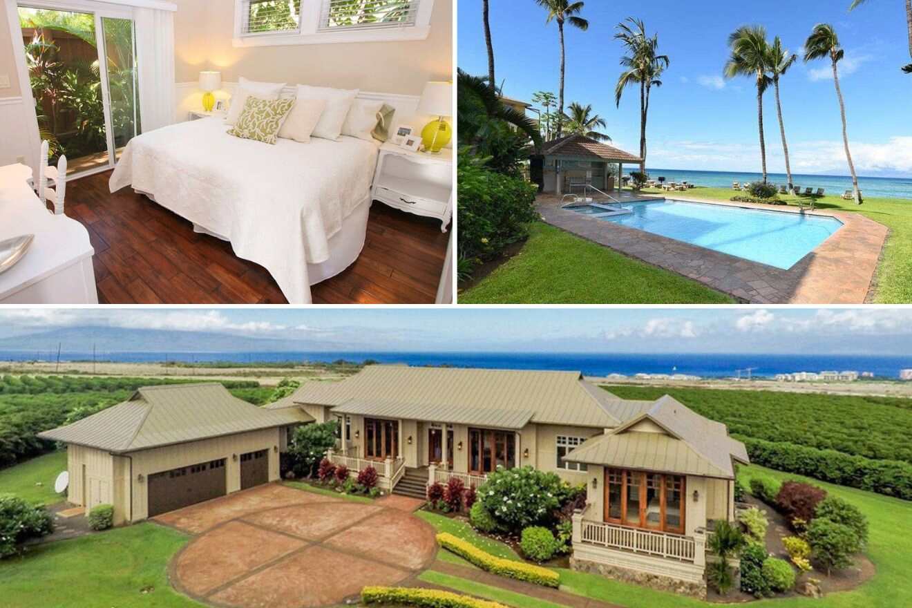 A collage of three photos: bedroom, outdoor pool, and aerial view of a house