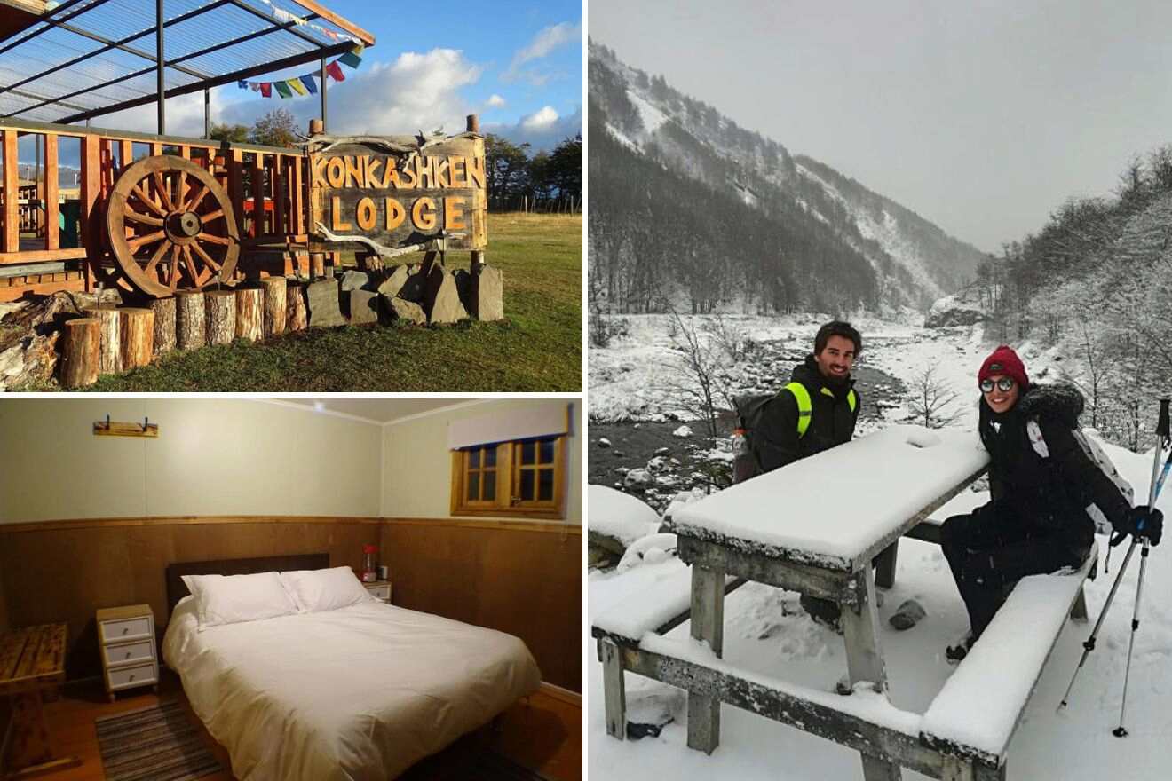 people sitting at a bench, bedroom and outside hotel sign