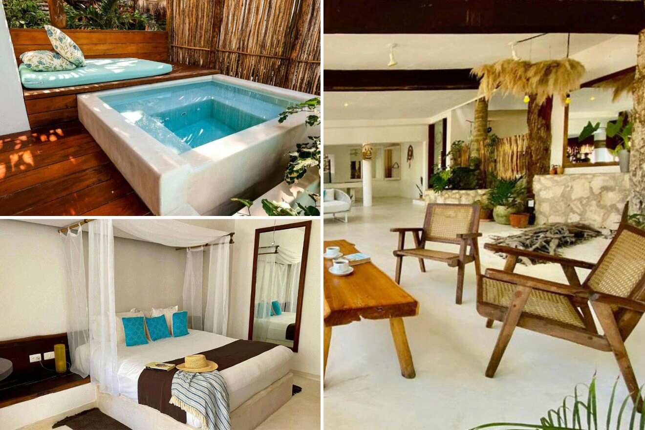 a collage of three photos: outdoor private pool, bedroom, and living room