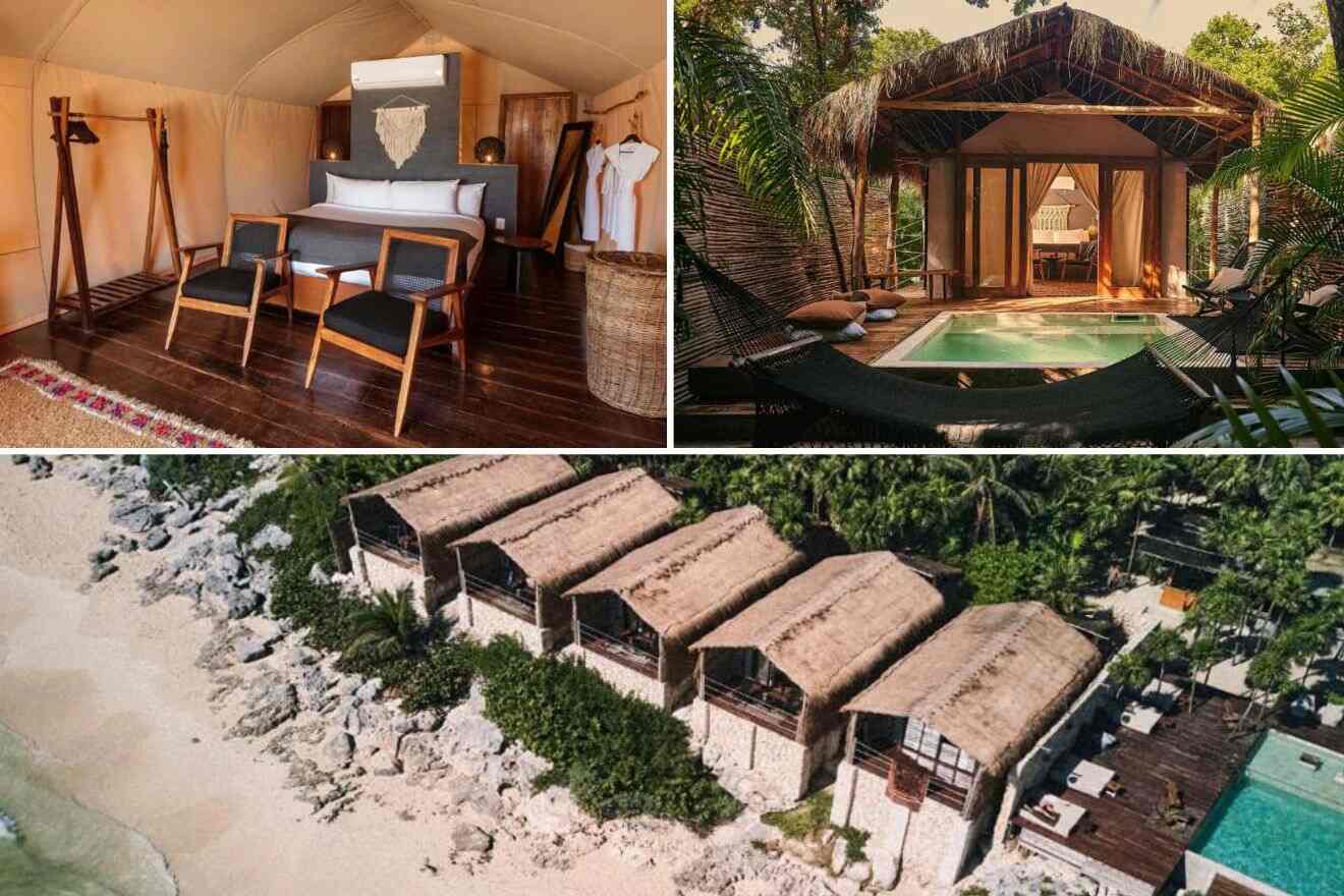 a collage of three photos: bedroom, view of the outdoor private pool and the cottage, and aerial view of the hotel