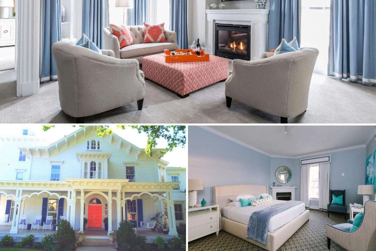 a collage of three photos: living room with fireplace, view of the exterior of the hotel, and bedroom