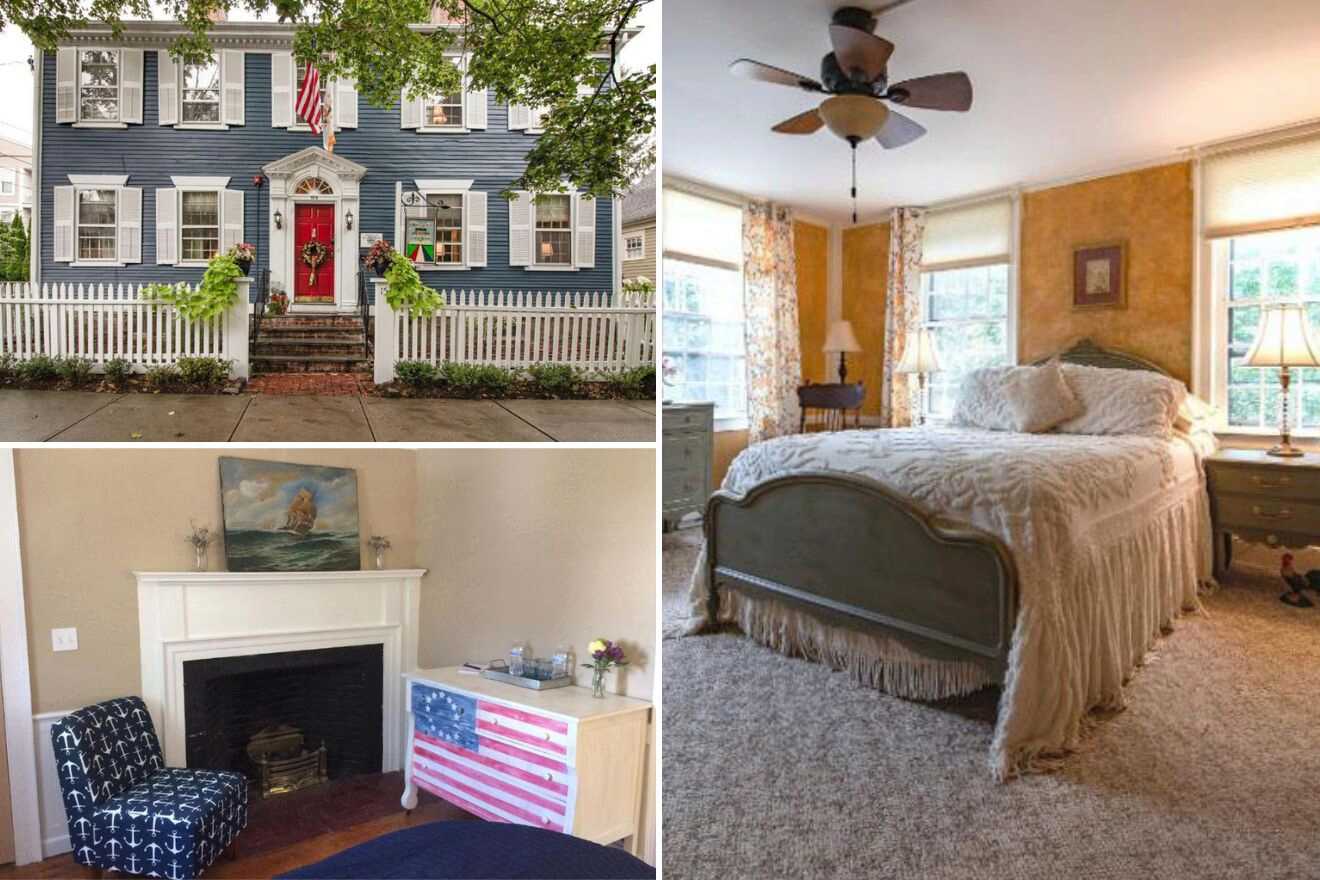 a collage of three photos: view of the exterior of the hotel, sitting area with fireplace, and bedroom