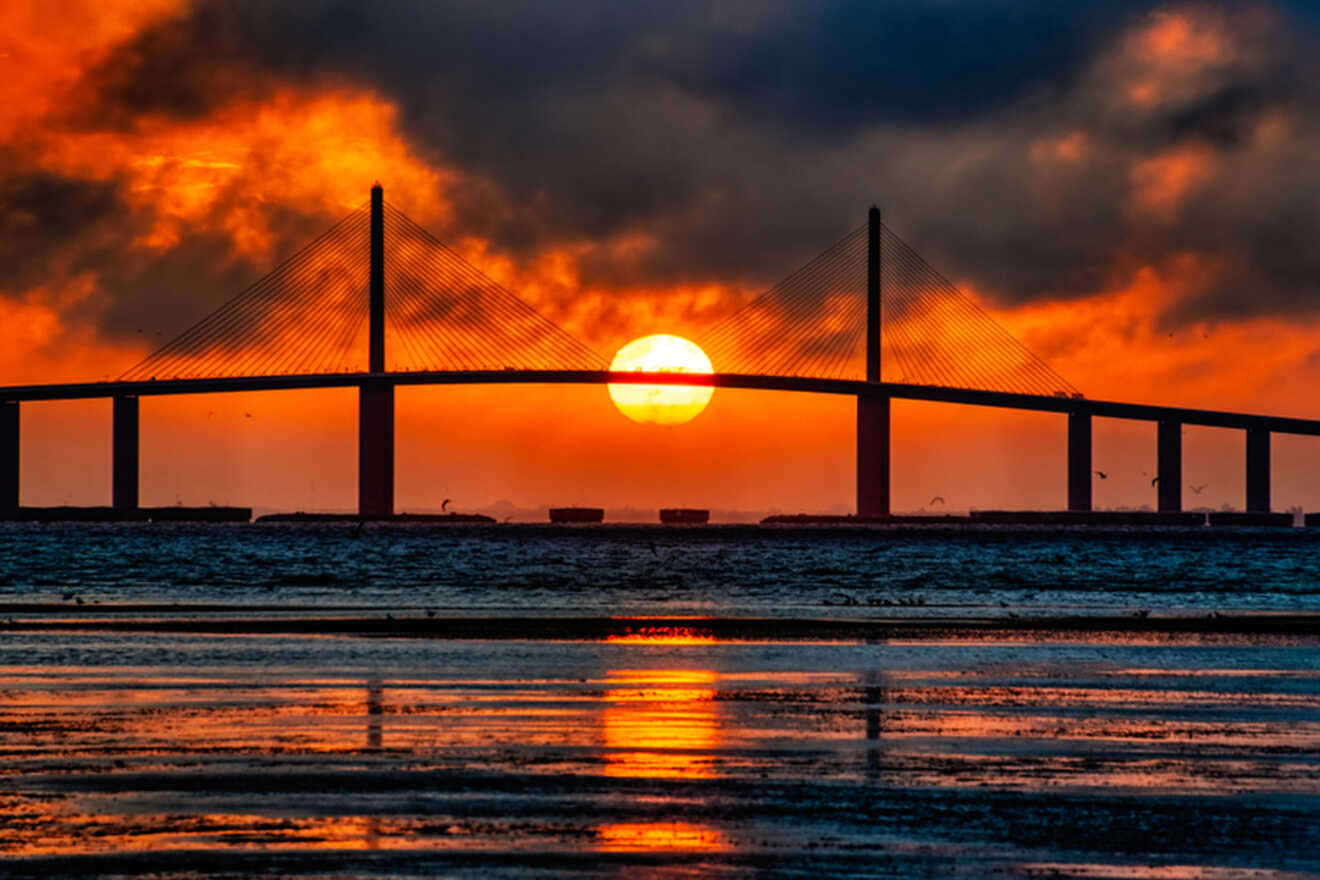 View of the Sunshine Skyway Bridge at sunset