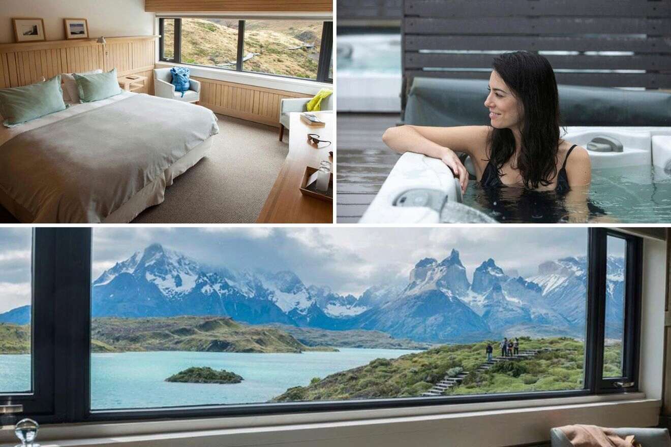 collage of 3 images with the view from the hotel, hot tub and a bedroom