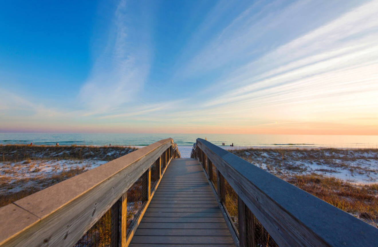 View of the beach at Henderson State Park from a boardwalk