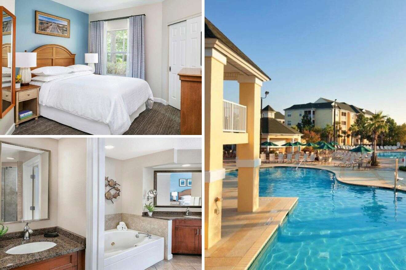 collage of 3 images with swimming pool, bedroom and bathroom