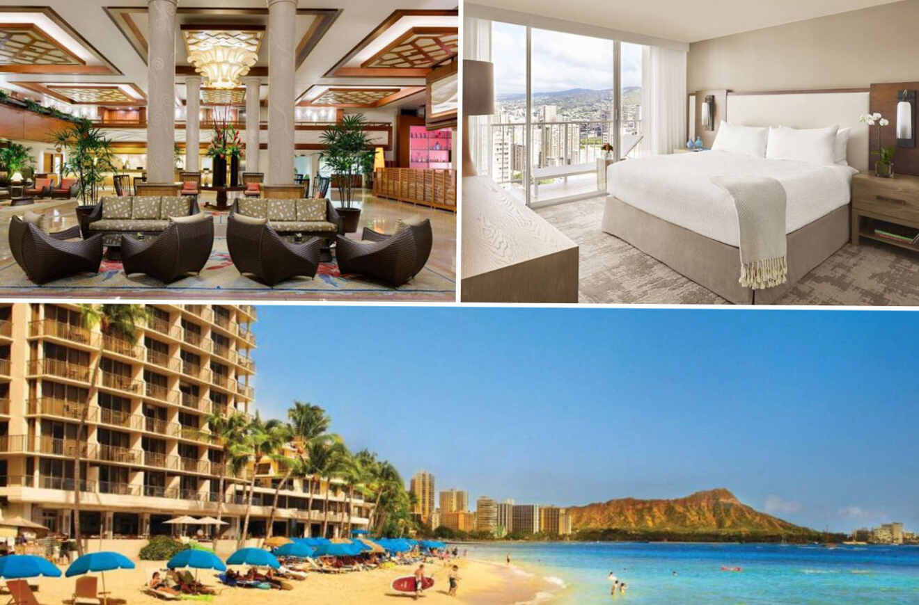 a photo of three collages: lobby of the hotel, bedroom, and view of the hotel and beach with mountains in the background