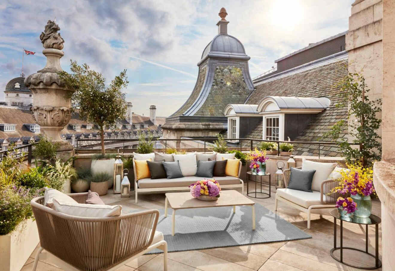 View of the hotel's rooftop with London buildings in the background