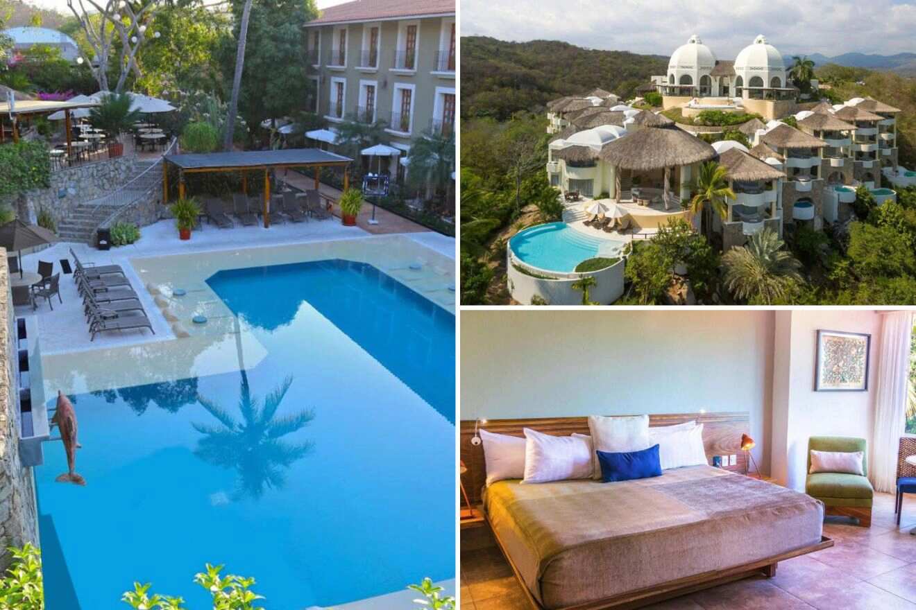 a collage of three photos: outdoor pool, view of the exterior of the hotel, and bedroom