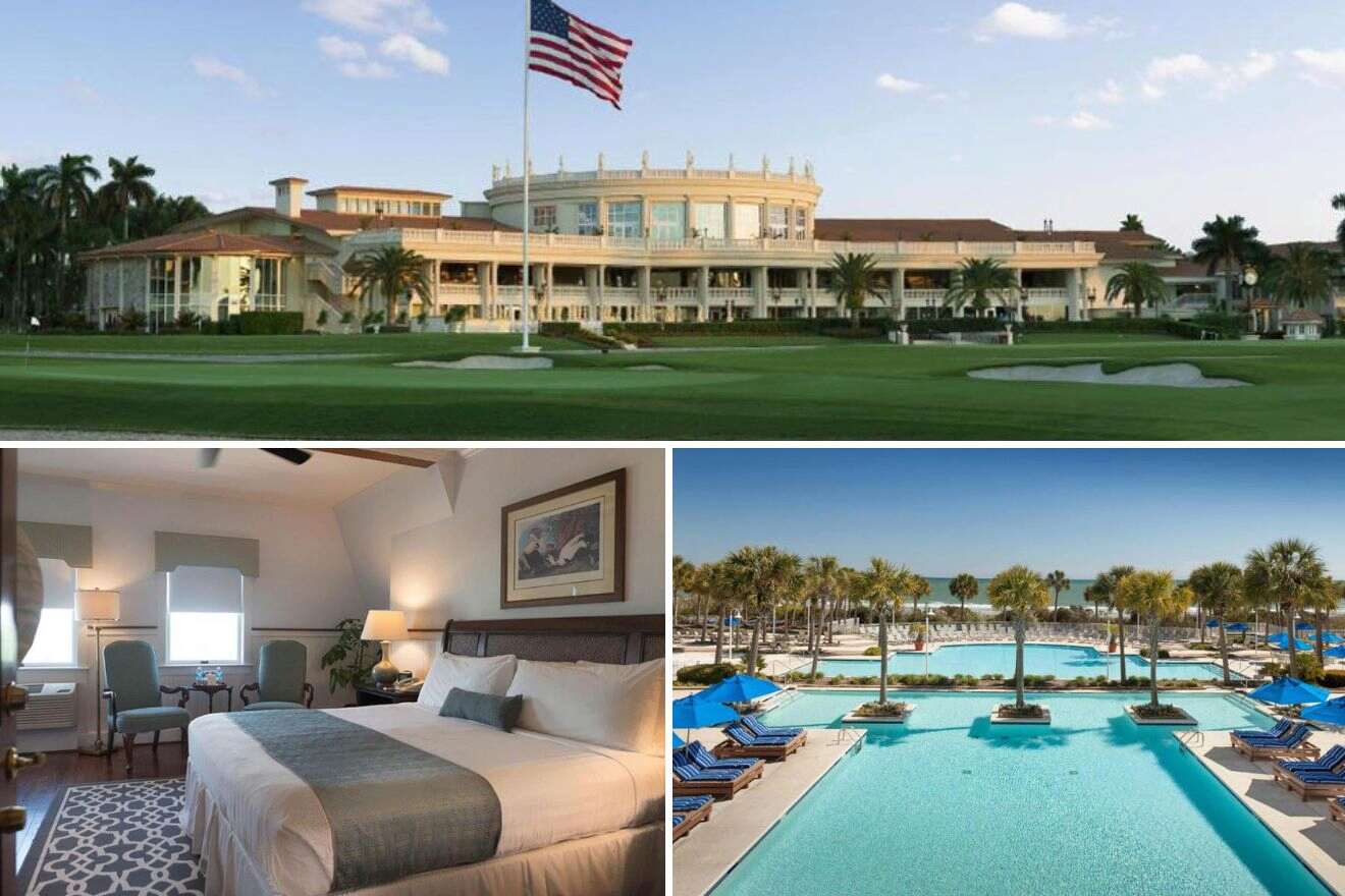 A collage of three photos: view of the exterior of a hotel, bedroom, and outdoor pool